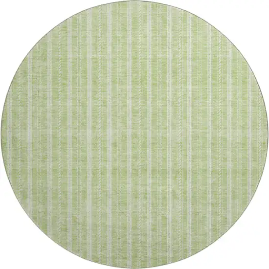 8' Artichoke Green And Ivory Striped Washable Round Rug With UV Protection Photo 1