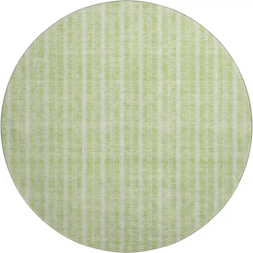 8' Artichoke Green And Ivory Striped Washable Round Rug With UV Protection Photo 1