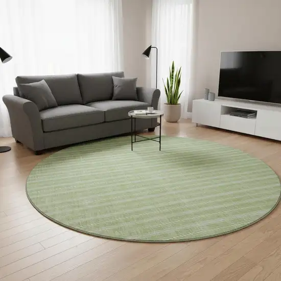 8' Artichoke Green And Ivory Striped Washable Round Rug With UV Protection Photo 2