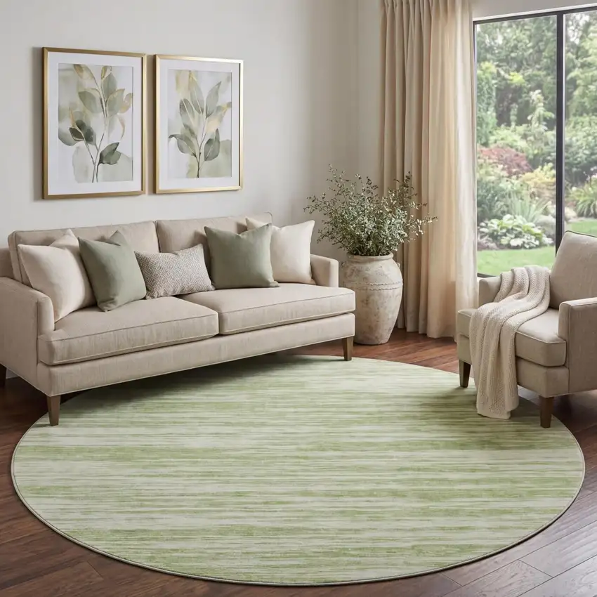 8' Artichoke Green And Ivory Striped Washable Round Rug With UV Protection Photo 1