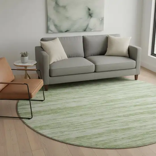 8' Artichoke Green And Ivory Striped Washable Round Rug With UV Protection Photo 2