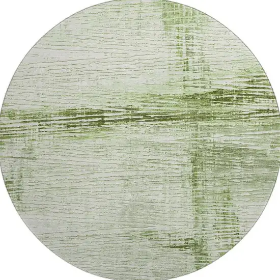 8' Artichoke Green And Ivory Striped Washable Round Rug With UV Protection Photo 4
