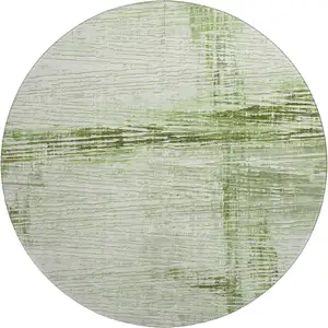 Photo of 8' Artichoke Green And Ivory Striped Washable Round Rug With UV Protection