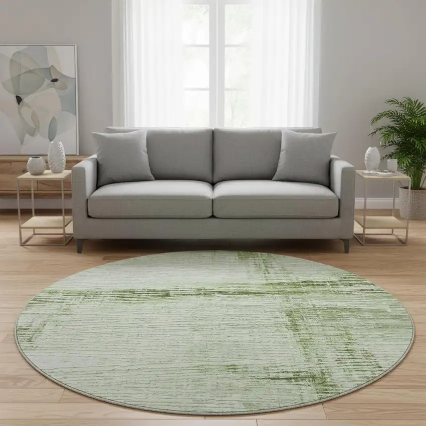 8' Artichoke Green And Ivory Striped Washable Round Rug With UV Protection Photo 2