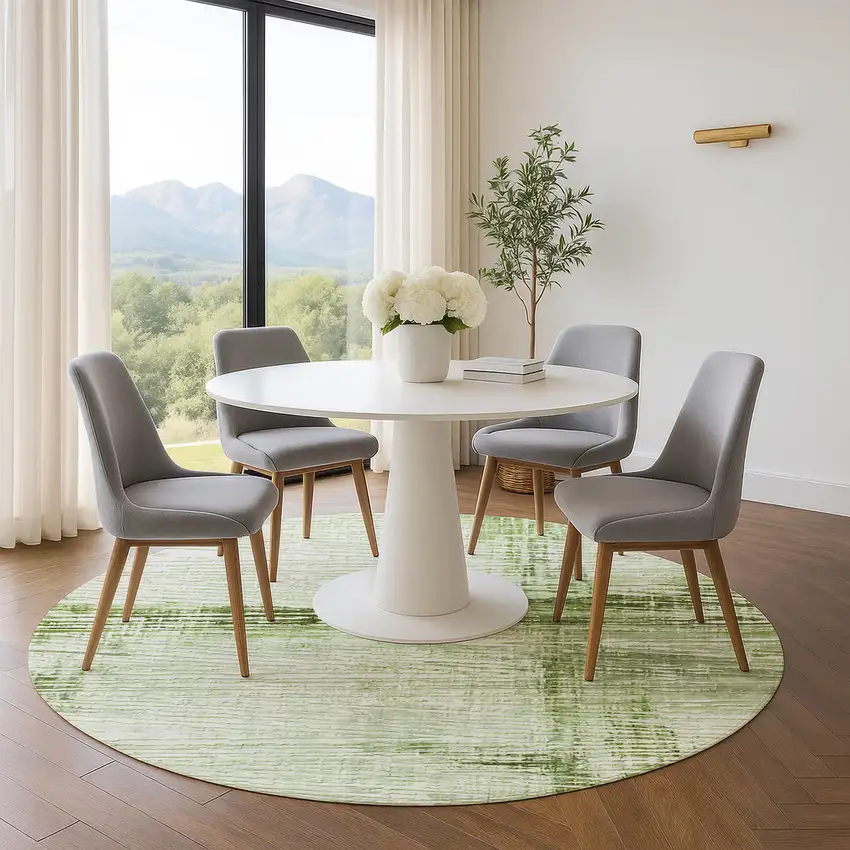 8' Artichoke Green And Ivory Striped Washable Round Rug With UV Protection Photo 5