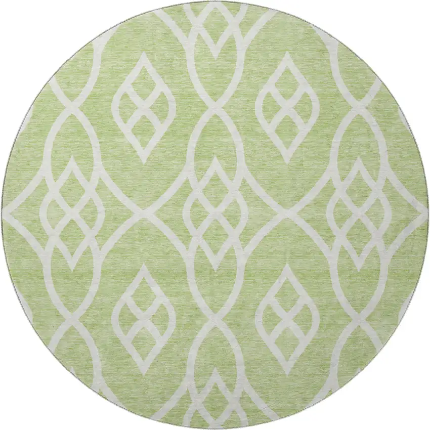 8' Artichoke Green And Ivory Trellis Washable Round Rug With UV Protection Photo 4