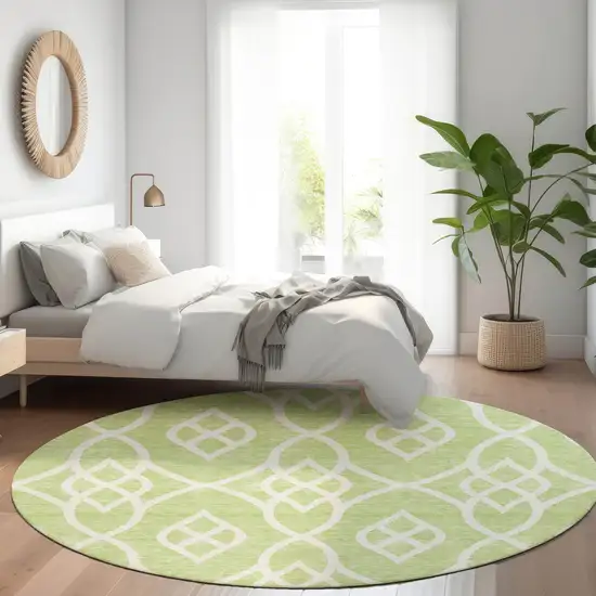 8' Artichoke Green And Ivory Trellis Washable Round Rug With UV Protection Photo 5