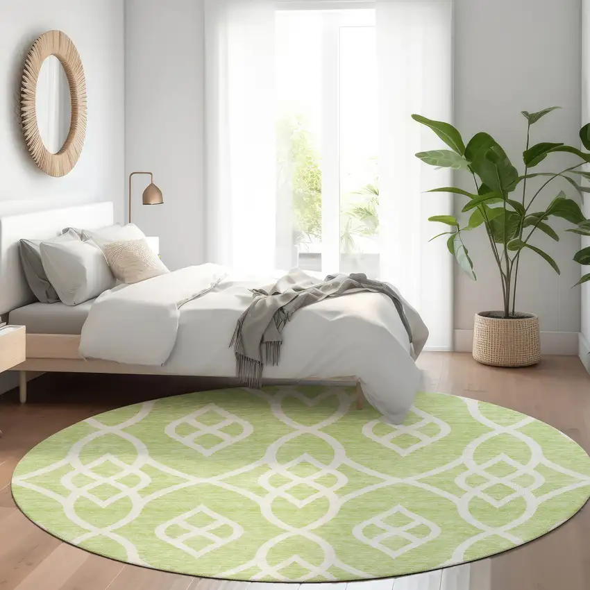 8' Artichoke Green And Ivory Trellis Washable Round Rug With UV Protection Photo 5