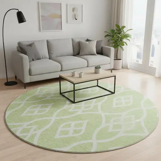 8' Artichoke Green And Ivory Trellis Washable Round Rug With UV Protection Photo 2