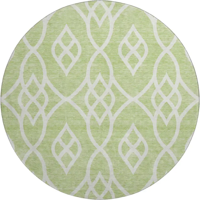 8' Artichoke Green And Ivory Trellis Washable Round Rug With UV Protection Photo 1