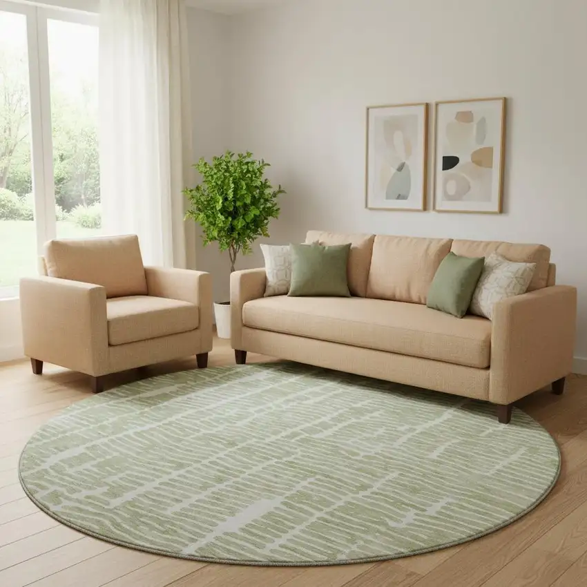 8' Artichoke Green And Ivory Vermicular Washable Round Rug With UV Protection Photo 1