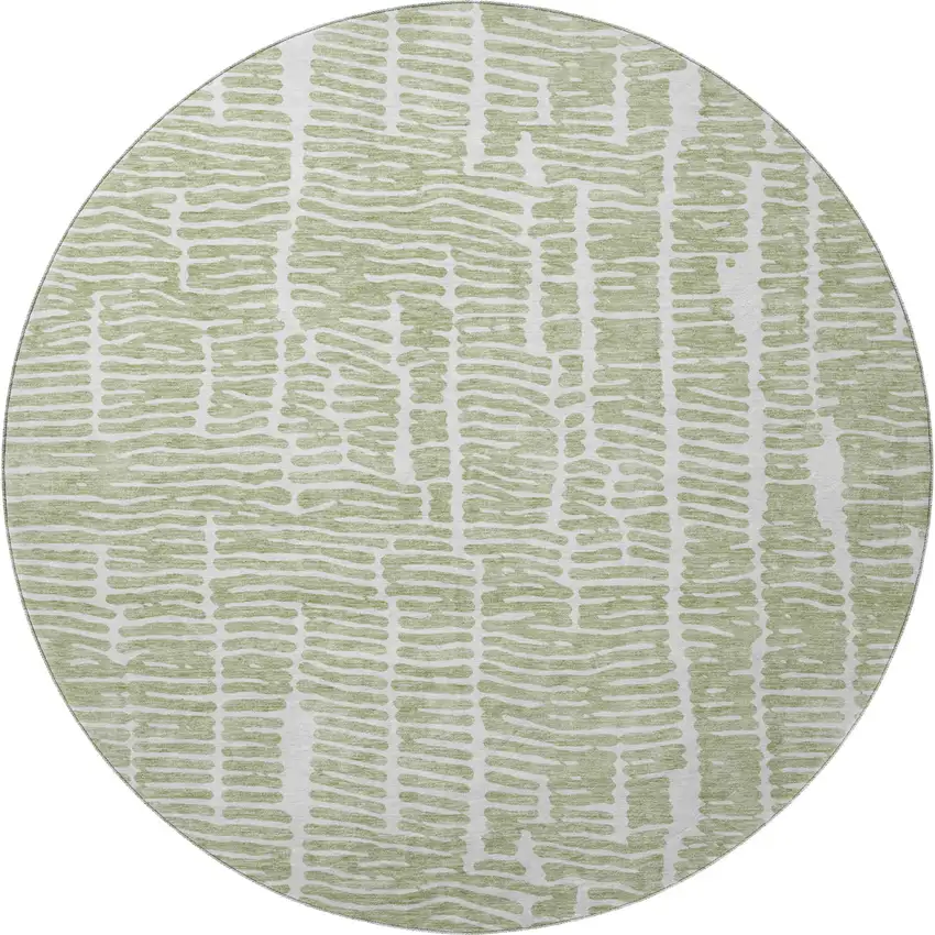 8' Artichoke Green And Ivory Vermicular Washable Round Rug With UV Protection Photo 4