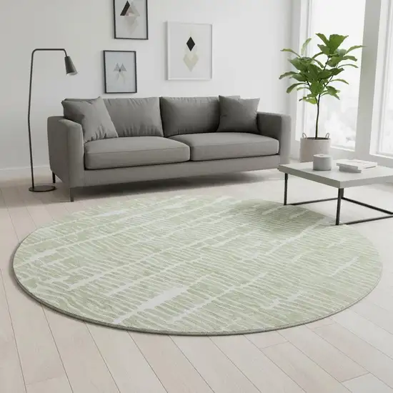 8' Artichoke Green And Ivory Vermicular Washable Round Rug With UV Protection Photo 2