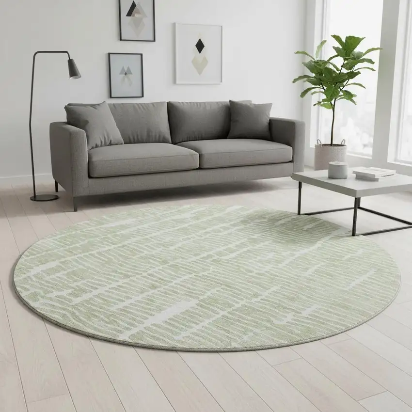 8' Artichoke Green And Ivory Vermicular Washable Round Rug With UV Protection Photo 2