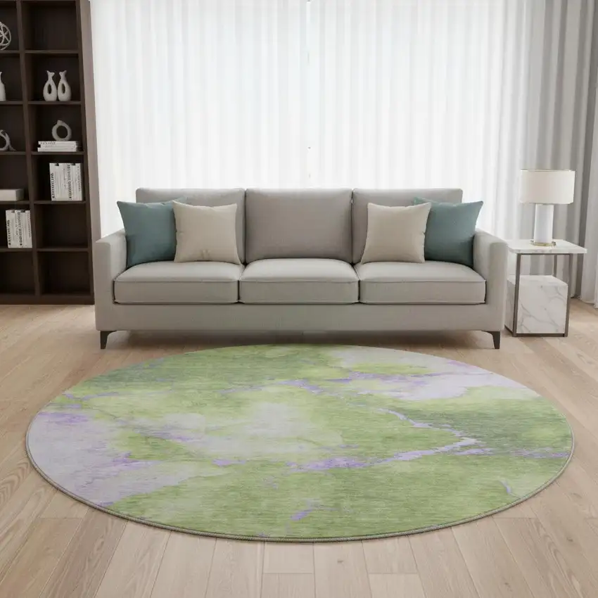 8' Artichoke Green And Lavender Abstract Washable Round Rug With UV Protection Photo 2