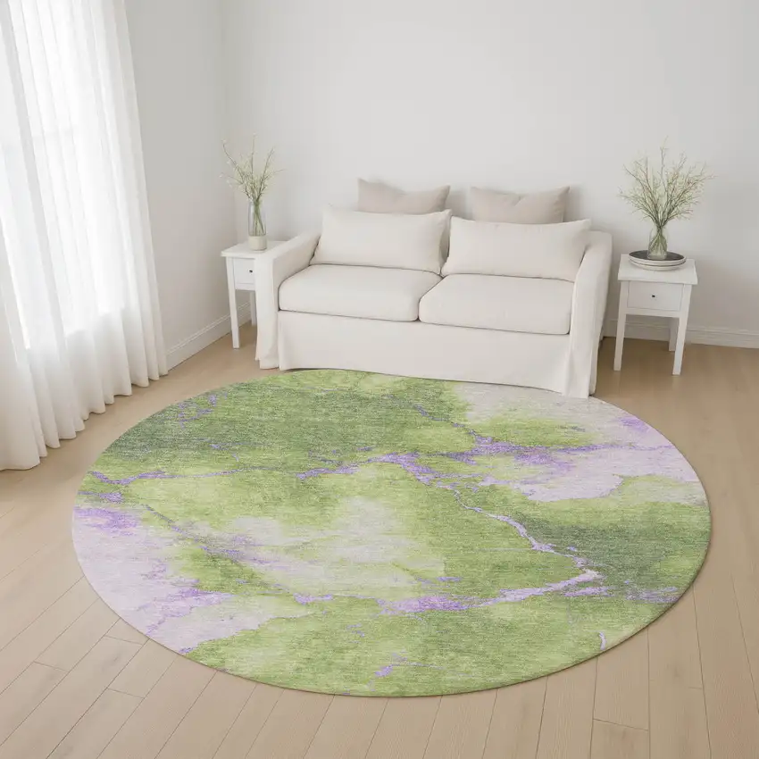 8' Artichoke Green And Lavender Abstract Washable Round Rug With UV Protection Photo 4