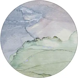 Photo of 8' Artichoke Green And Lavender Round Abstract Washable Indoor Outdoor Area Rug