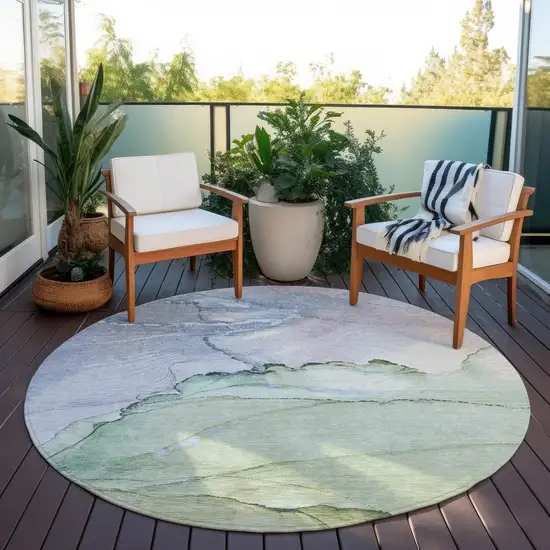 8' Artichoke Green And Lavender Round Abstract Washable Indoor Outdoor Area Rug Photo 5