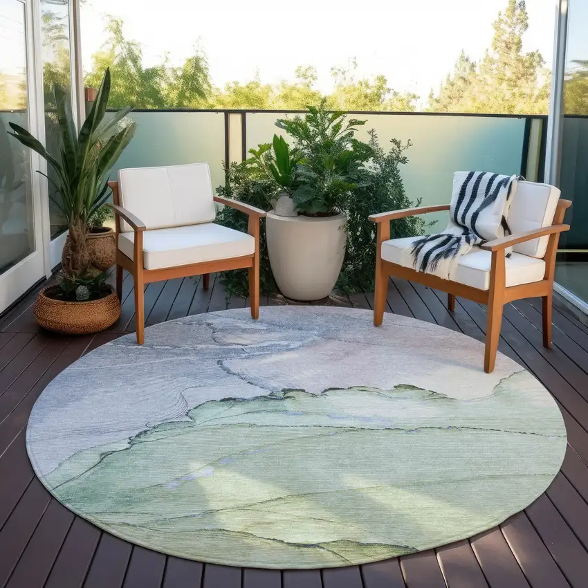 8' Artichoke Green And Lavender Round Abstract Washable Indoor Outdoor Area Rug Photo 5