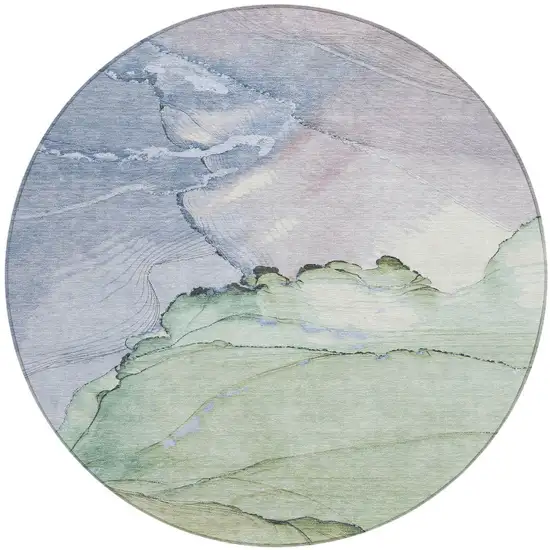 8' Artichoke Green And Lavender Round Abstract Washable Indoor Outdoor Area Rug Photo 3