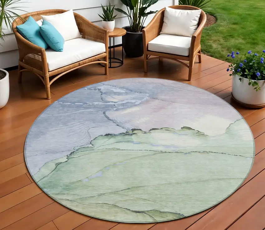 8' Artichoke Green And Lavender Round Abstract Washable Indoor Outdoor Area Rug Photo 2