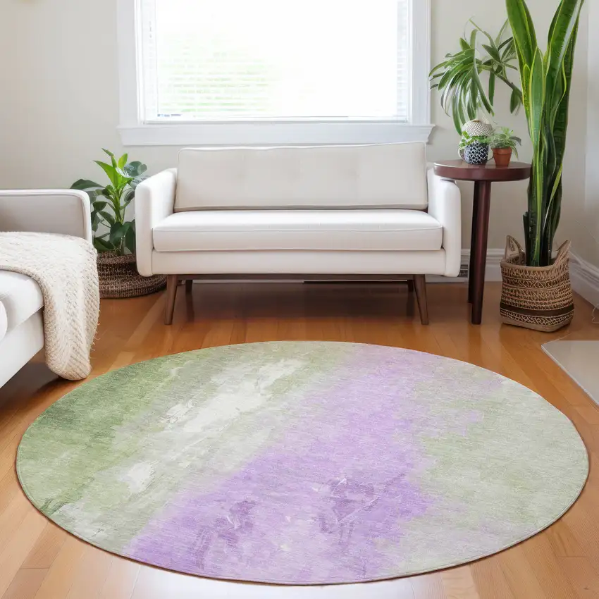 8' Artichoke Green And Lavender Round Abstract Washable Indoor Outdoor Area Rug Photo 6