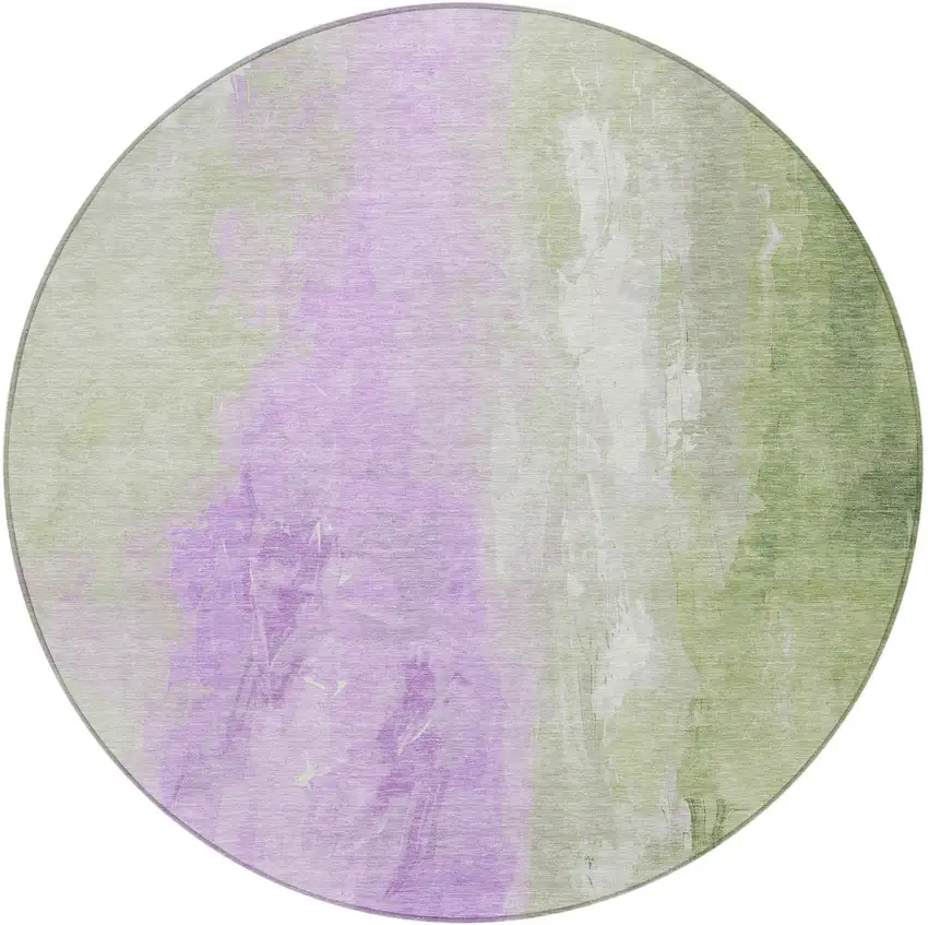 8' Artichoke Green And Lavender Round Abstract Washable Indoor Outdoor Area Rug Photo 4