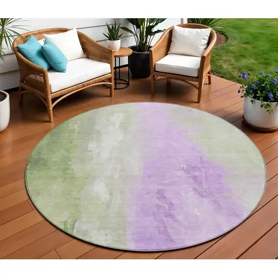 8' Artichoke Green And Lavender Round Abstract Washable Indoor Outdoor Area Rug Photo 2