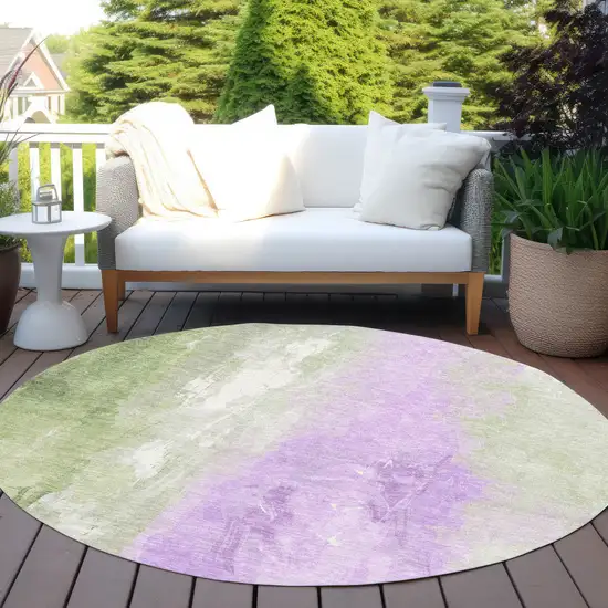 8' Artichoke Green And Lavender Round Abstract Washable Indoor Outdoor Area Rug Photo 5