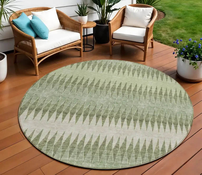 8' Artichoke Green And Light Green Round Striped Washable Indoor Outdoor Area Rug Photo 1