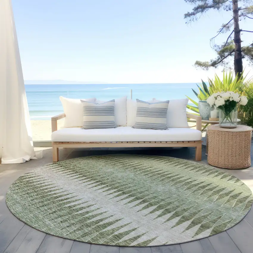 8' Artichoke Green And Light Green Round Striped Washable Indoor Outdoor Area Rug Photo 6