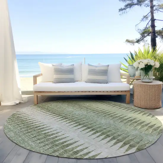 8' Artichoke Green And Light Green Round Striped Washable Indoor Outdoor Area Rug Photo 6