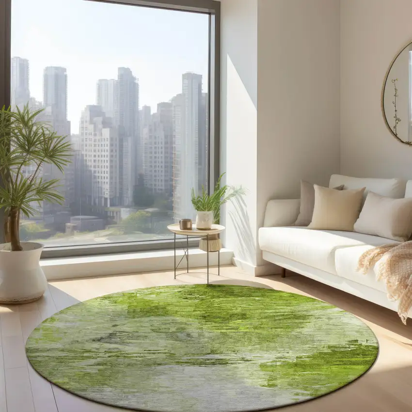 8' Artichoke Green And Lime Green Round Abstract Washable Indoor Outdoor Area Rug Photo 8