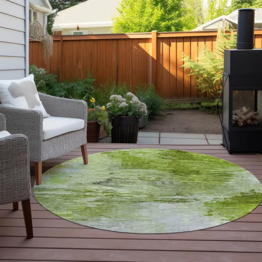 8' Artichoke Green And Lime Green Round Abstract Washable Indoor Outdoor Area Rug Photo 7