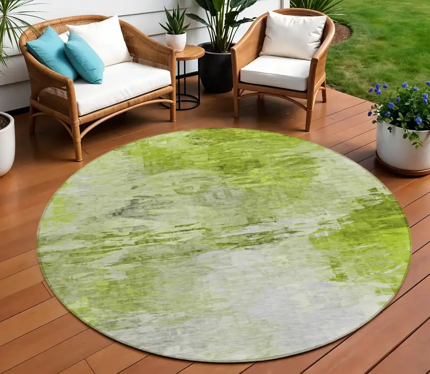 8' Artichoke Green And Lime Green Round Abstract Washable Indoor Outdoor Area Rug Photo 1