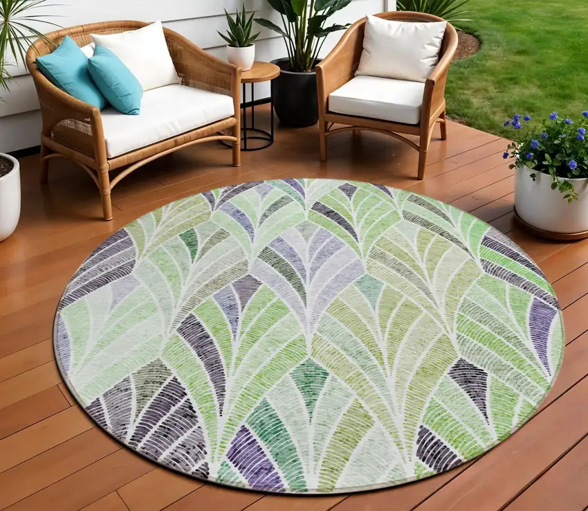 8' Artichoke Green And Mint Green Round Geometric Washable Indoor Outdoor Area Rug Photo 1