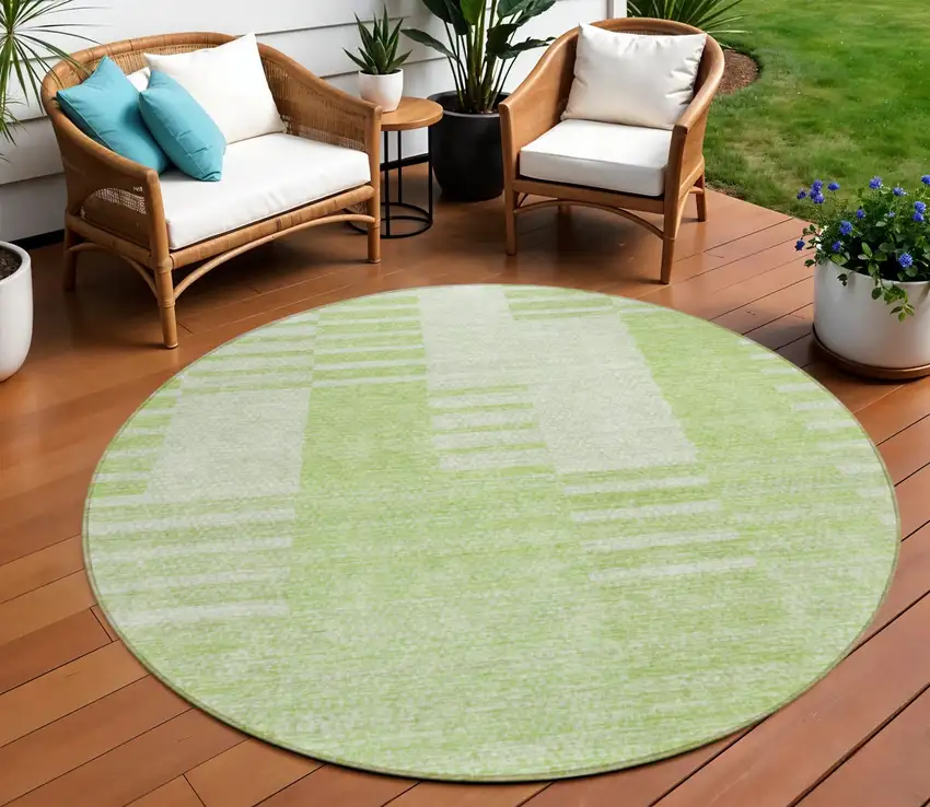 8' Artichoke Green And Mint Green Round Striped Washable Indoor Outdoor Area Rug Photo 1