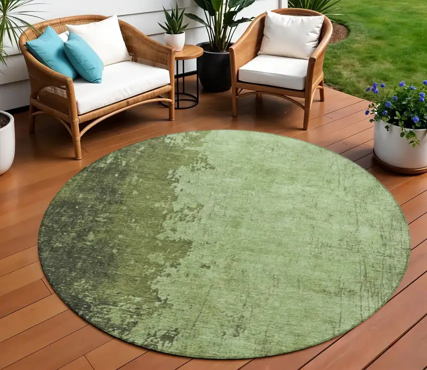 8' Artichoke Green And Olive Green Round Abstract Washable Indoor Outdoor Area Rug Photo 2