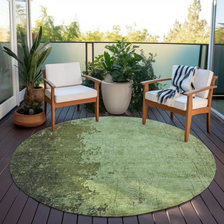 8' Artichoke Green And Olive Green Round Abstract Washable Indoor Outdoor Area Rug Photo 5