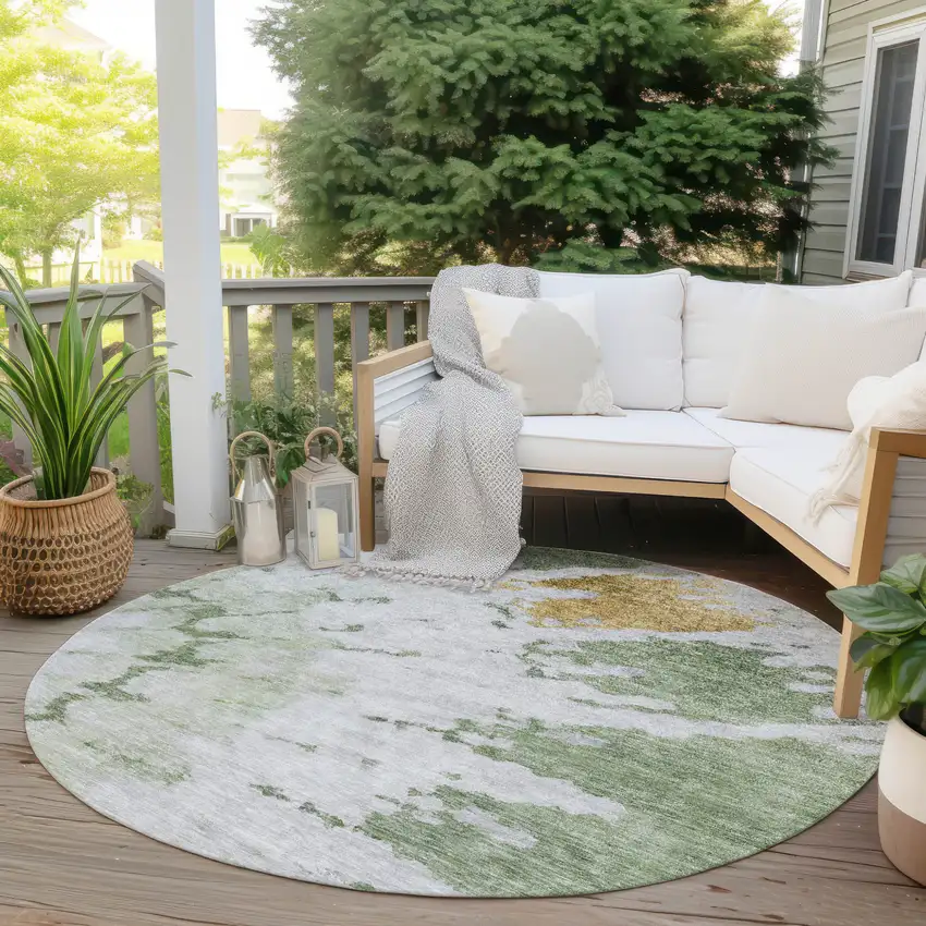 8' Artichoke Green And Olive Green Round Abstract Washable Indoor Outdoor Area Rug Photo 6