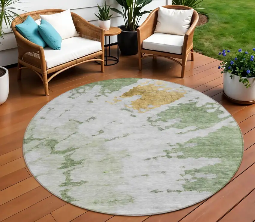 8' Artichoke Green And Olive Green Round Abstract Washable Indoor Outdoor Area Rug Photo 1