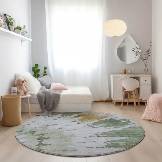 8' Artichoke Green And Olive Green Round Abstract Washable Indoor Outdoor Area Rug Photo 7