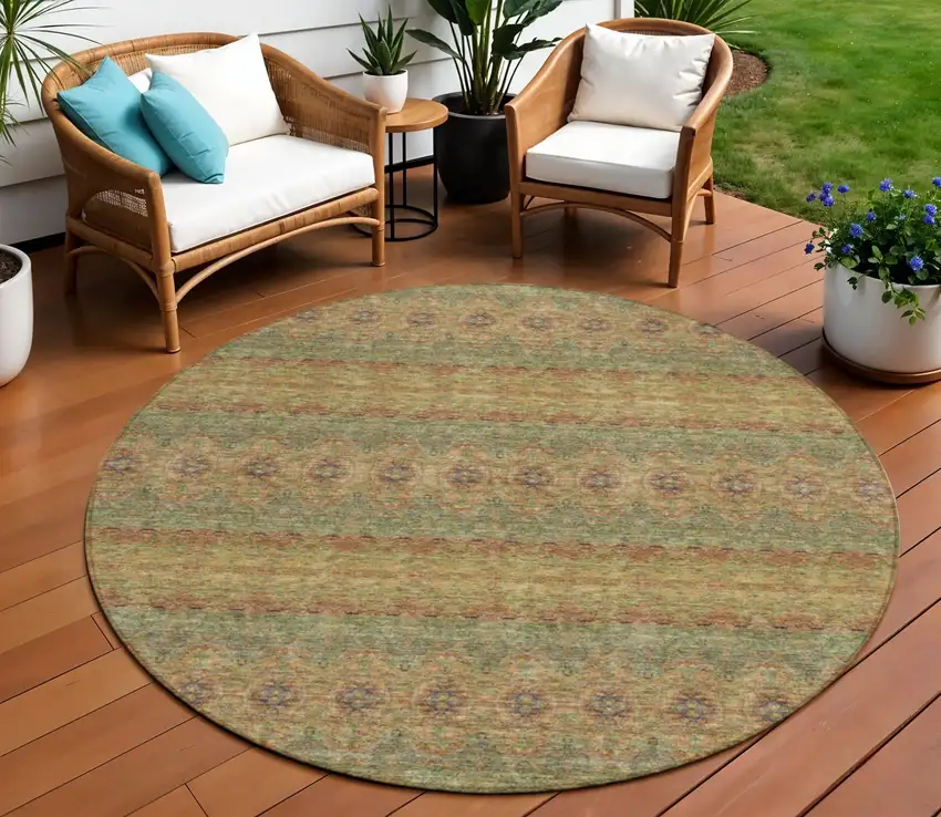 8' Artichoke Green And Olive Green Round Floral Medallion Washable Indoor Outdoor Area Rug Photo 1