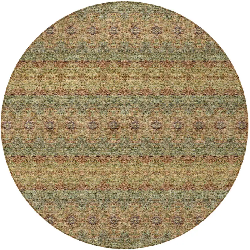 8' Artichoke Green And Olive Green Round Floral Medallion Washable Indoor Outdoor Area Rug Photo 5