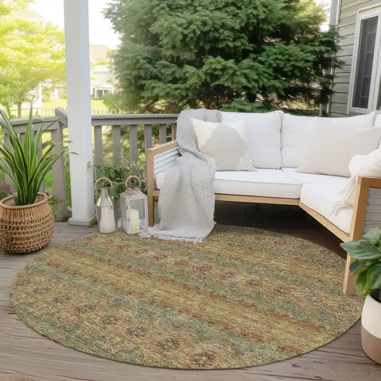 8' Artichoke Green And Olive Green Round Floral Medallion Washable Indoor Outdoor Area Rug Photo 6