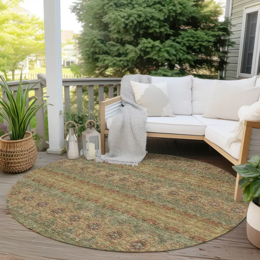 8' Artichoke Green And Olive Green Round Floral Medallion Washable Indoor Outdoor Area Rug Photo 6