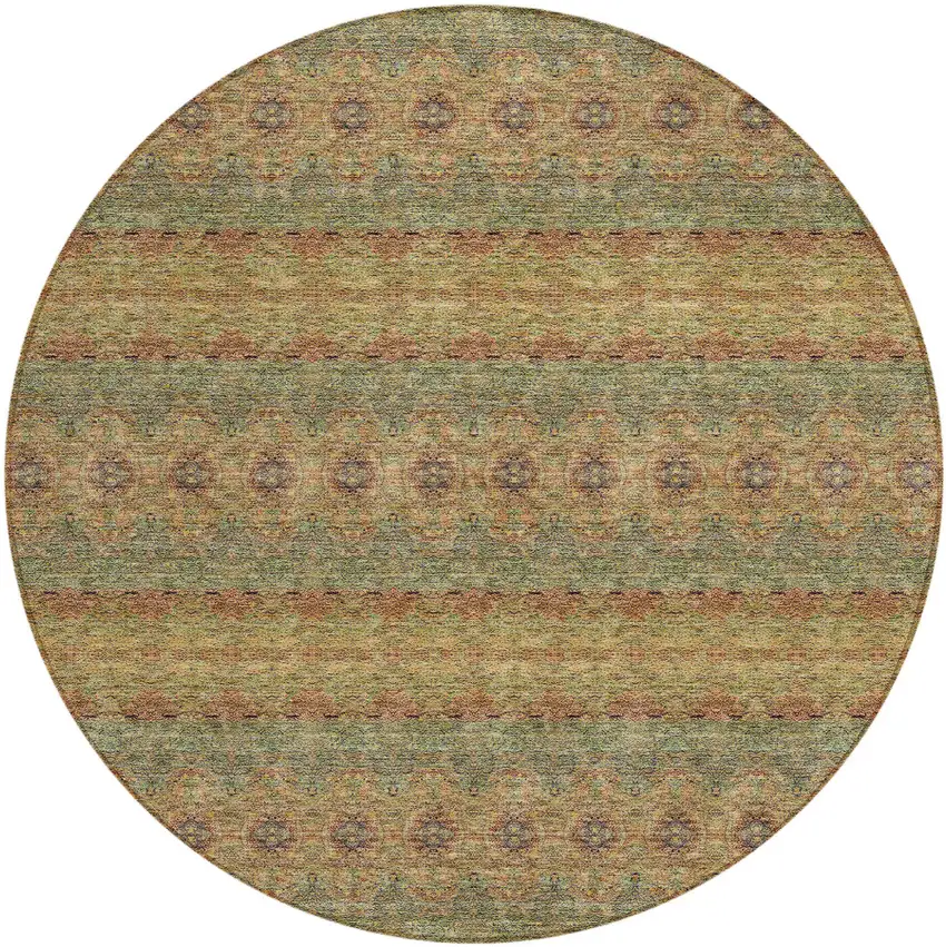 8' Artichoke Green And Olive Green Round Floral Medallion Washable Indoor Outdoor Area Rug Photo 2