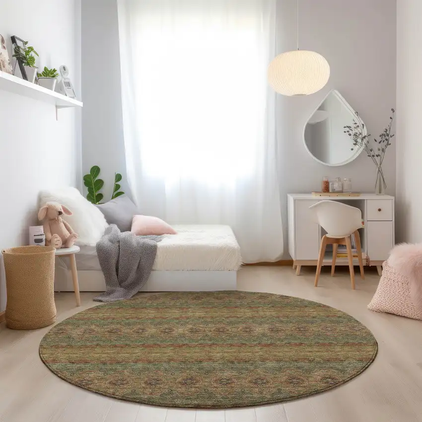 8' Artichoke Green And Olive Green Round Floral Medallion Washable Indoor Outdoor Area Rug Photo 7