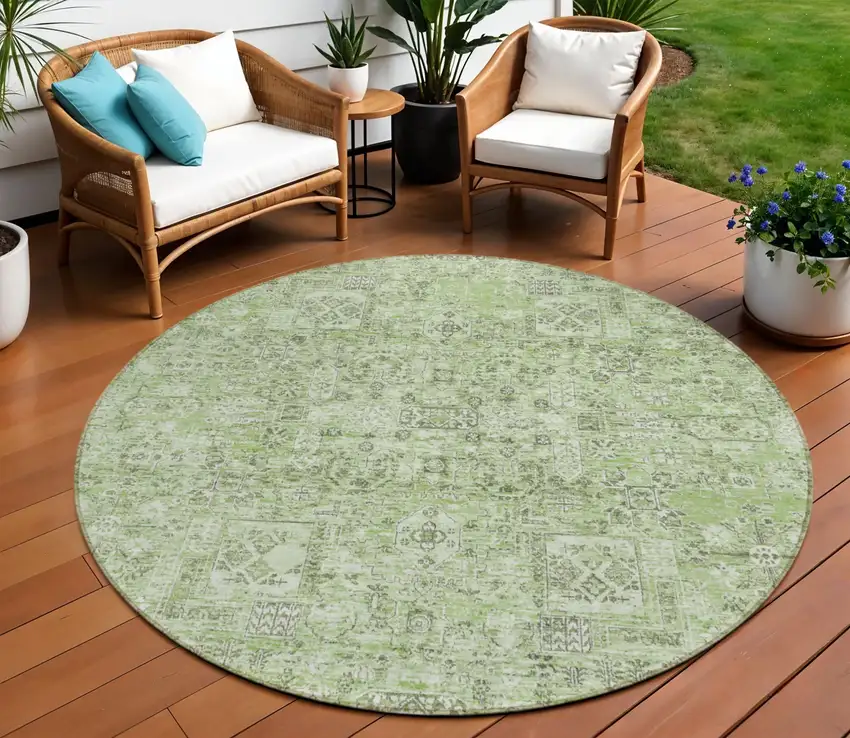 8' Artichoke Green And Olive Green Round Floral Washable Indoor Outdoor Area Rug Photo 1