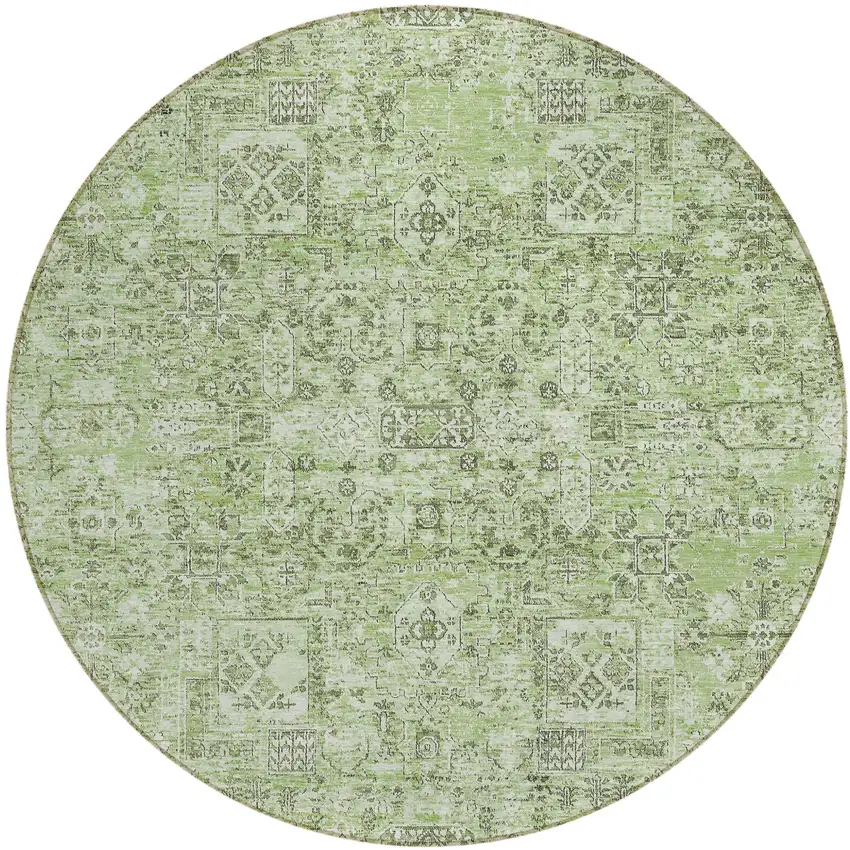 8' Artichoke Green And Olive Green Round Floral Washable Indoor Outdoor Area Rug Photo 2